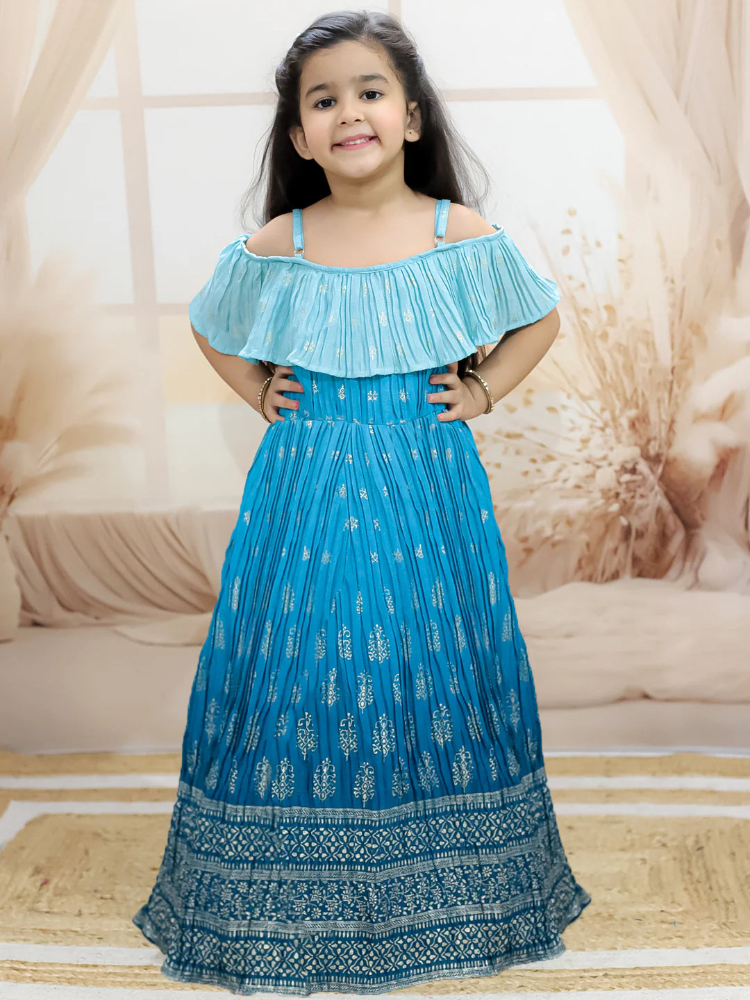BownBee Foil Print Off Shoulder Gown Dress for Girls