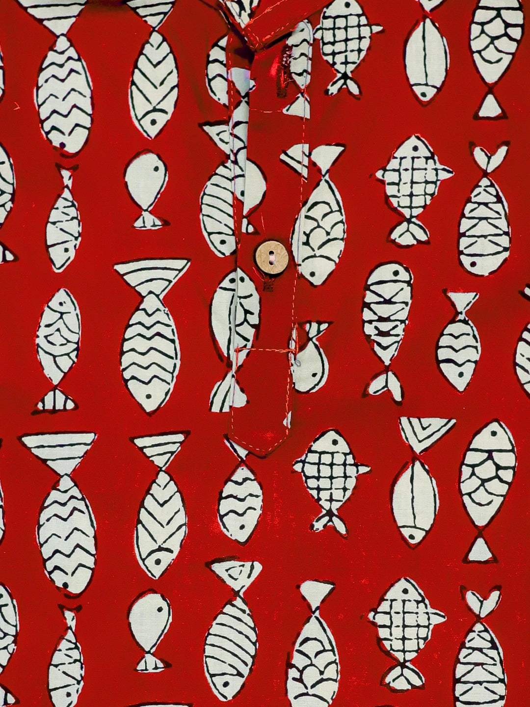 BownBee Boys Pure Cotton Fish Print Full Sleeve Kurta Pajama - Maroon