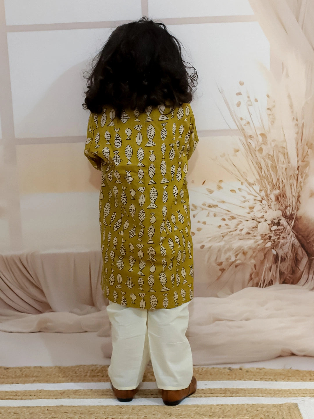 BownBee Boys Pure Cotton Fish Print Full Sleeve Kurta Pajama - Yellow