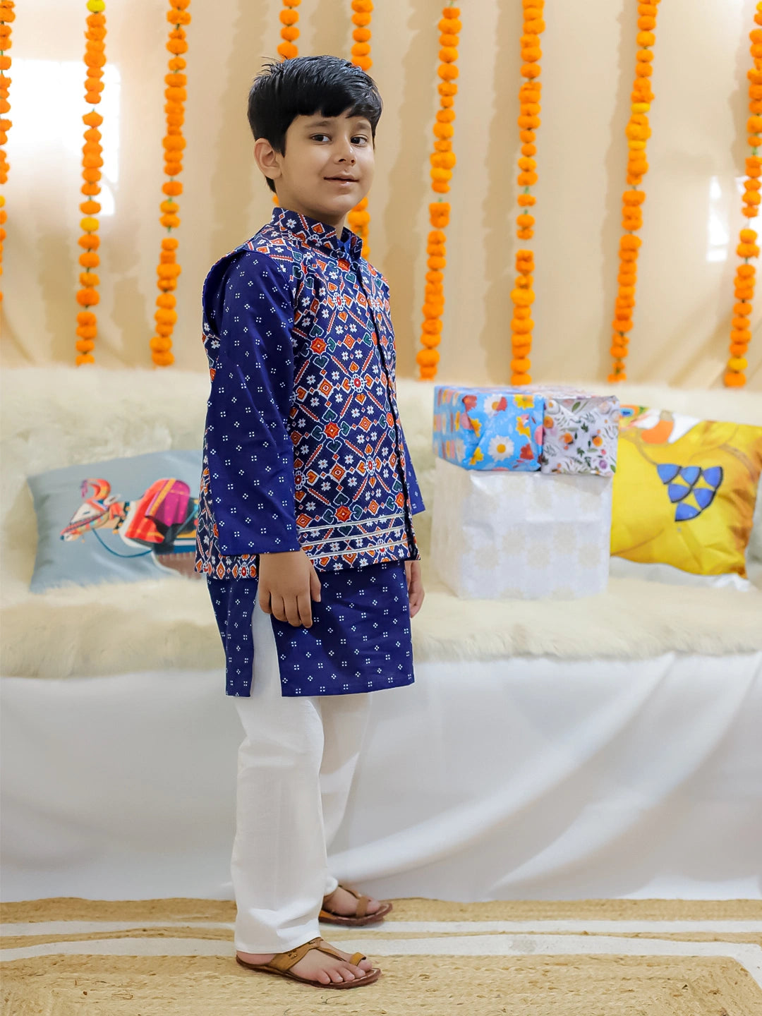 BownBee Pure Cotton Printed Jacket with Kurta Pajama for Boys