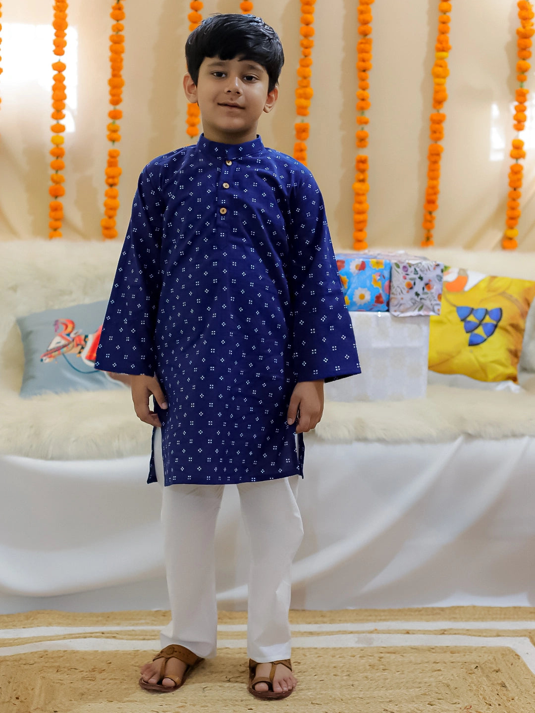 BownBee Pure Cotton Printed Jacket with Kurta Pajama for Boys