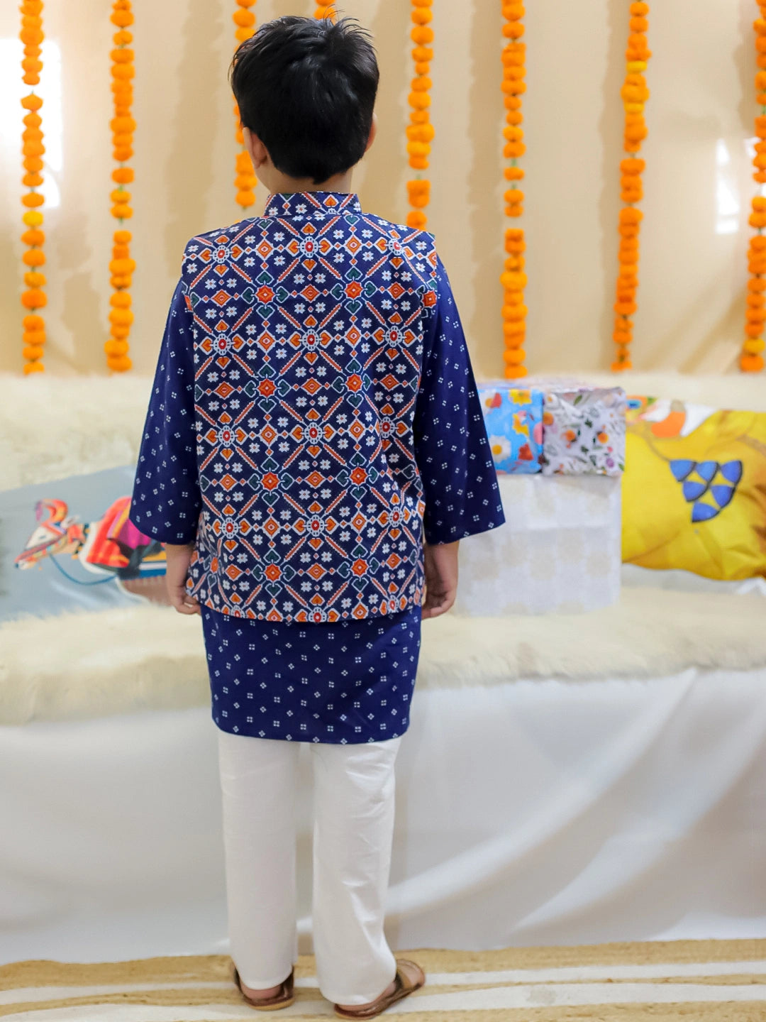 BownBee Pure Cotton Printed Jacket with Kurta Pajama for Boys
