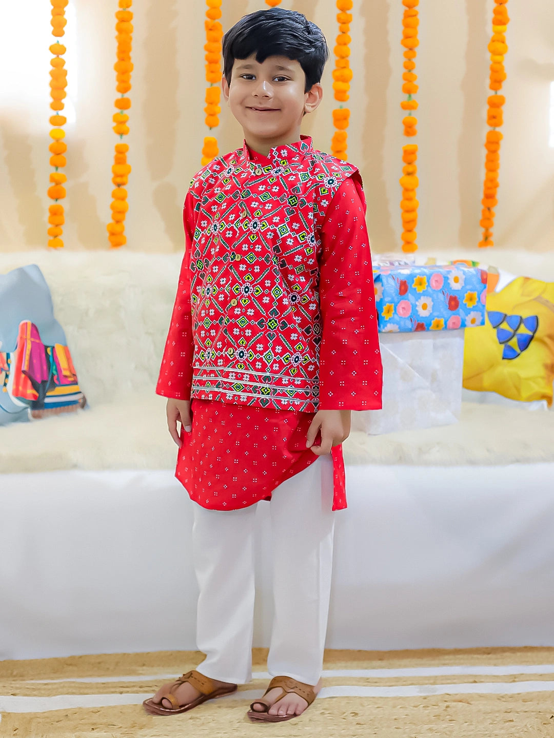 BownBee Pure Cotton Printed Jacket with Kurta Pajama for Boys