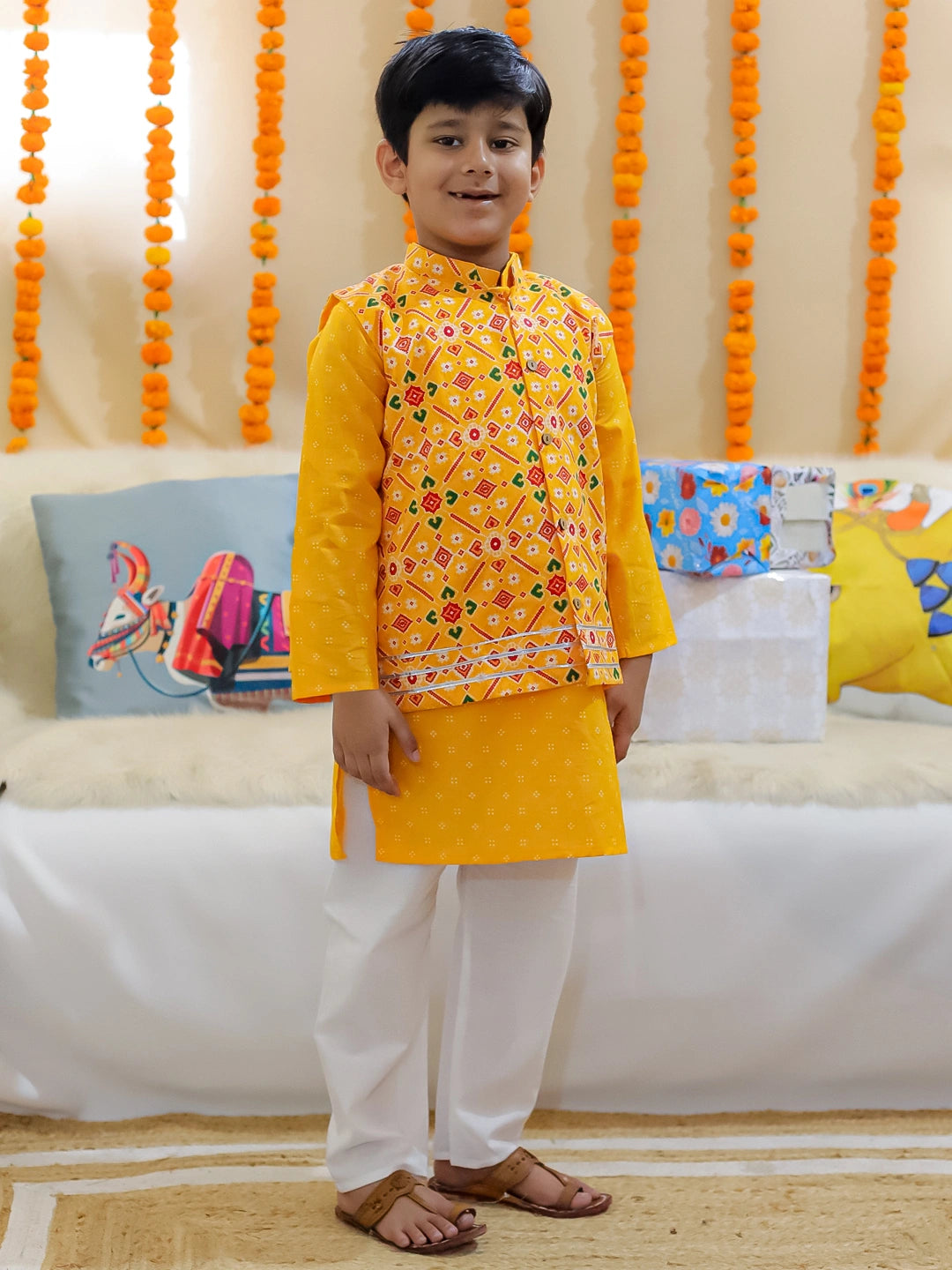 BownBee Sibling Set Pure Cotton Jacket Kurta Pajama with Angrakha Kurti Pant Dupatta Set