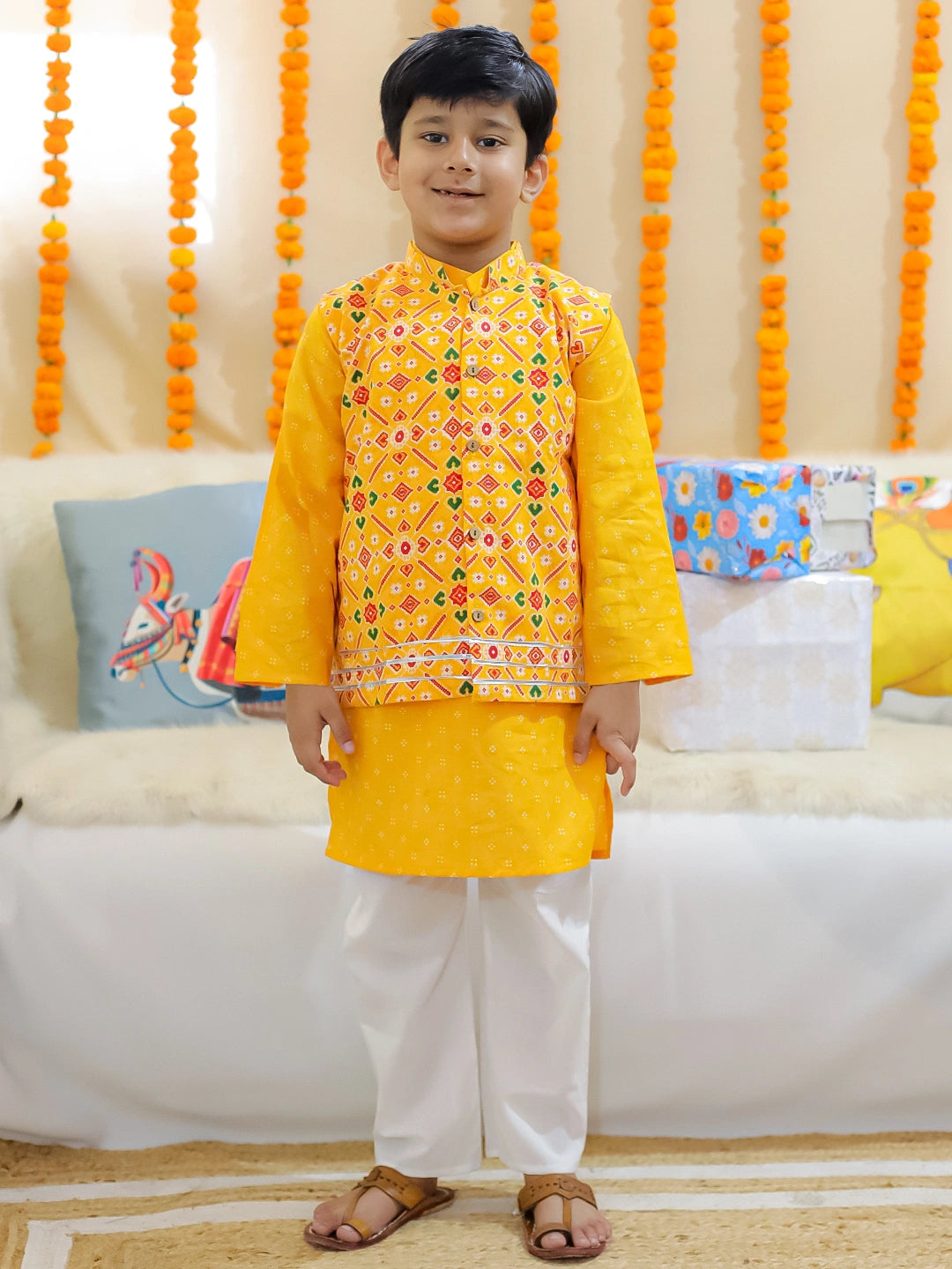 BownBee Sibling Set Pure Cotton Jacket Kurta Pajama with Angrakha Kurti Pant Dupatta Set