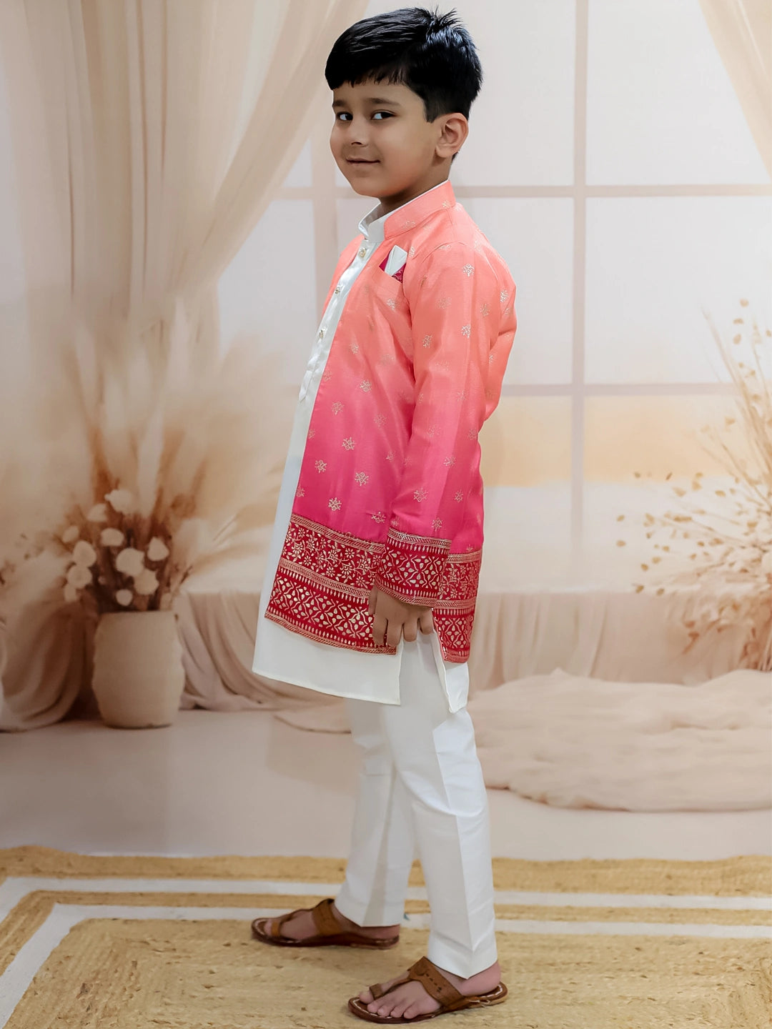 BownBee Foil Print Long Jacket with Kurta Pajama for Boys