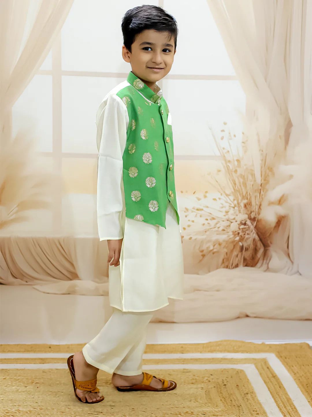 BownBee Pure Chanderi Attached Jacket Kurta Pajama for Boys