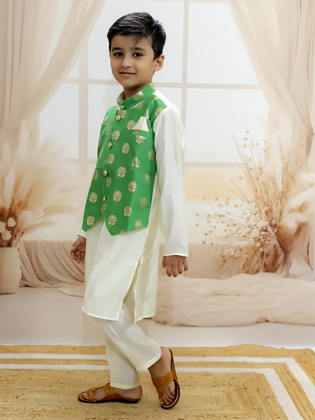 BownBee Pure Chanderi Attached Jacket Kurta Pajama for Boys
