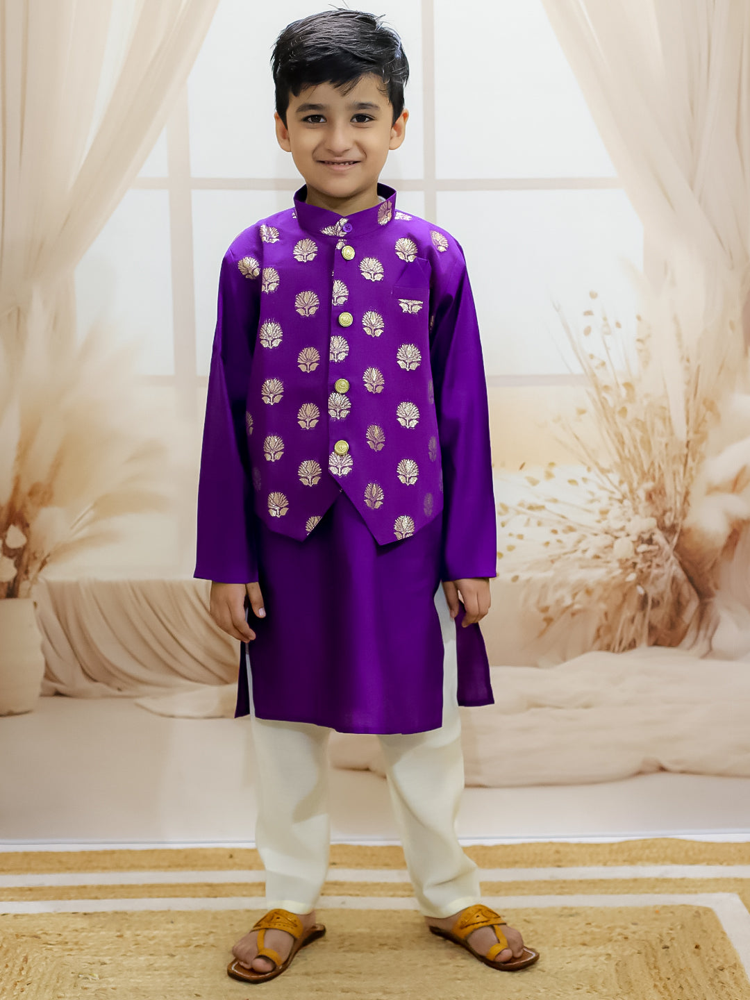 BownBee Chanderi Jacqurd Attached Jacket Kurta Pajama for Boys with Lehenga Choli Dupatta Set for Girls - Purple