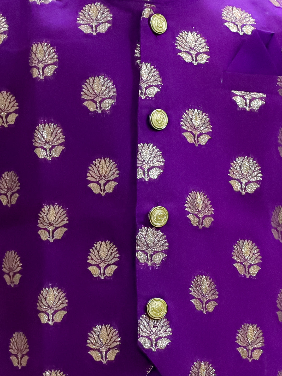 BownBee Chanderi Jacqurd Attached Jacket Kurta Pajama for Boys with Lehenga Choli Dupatta Set for Girls - Purple