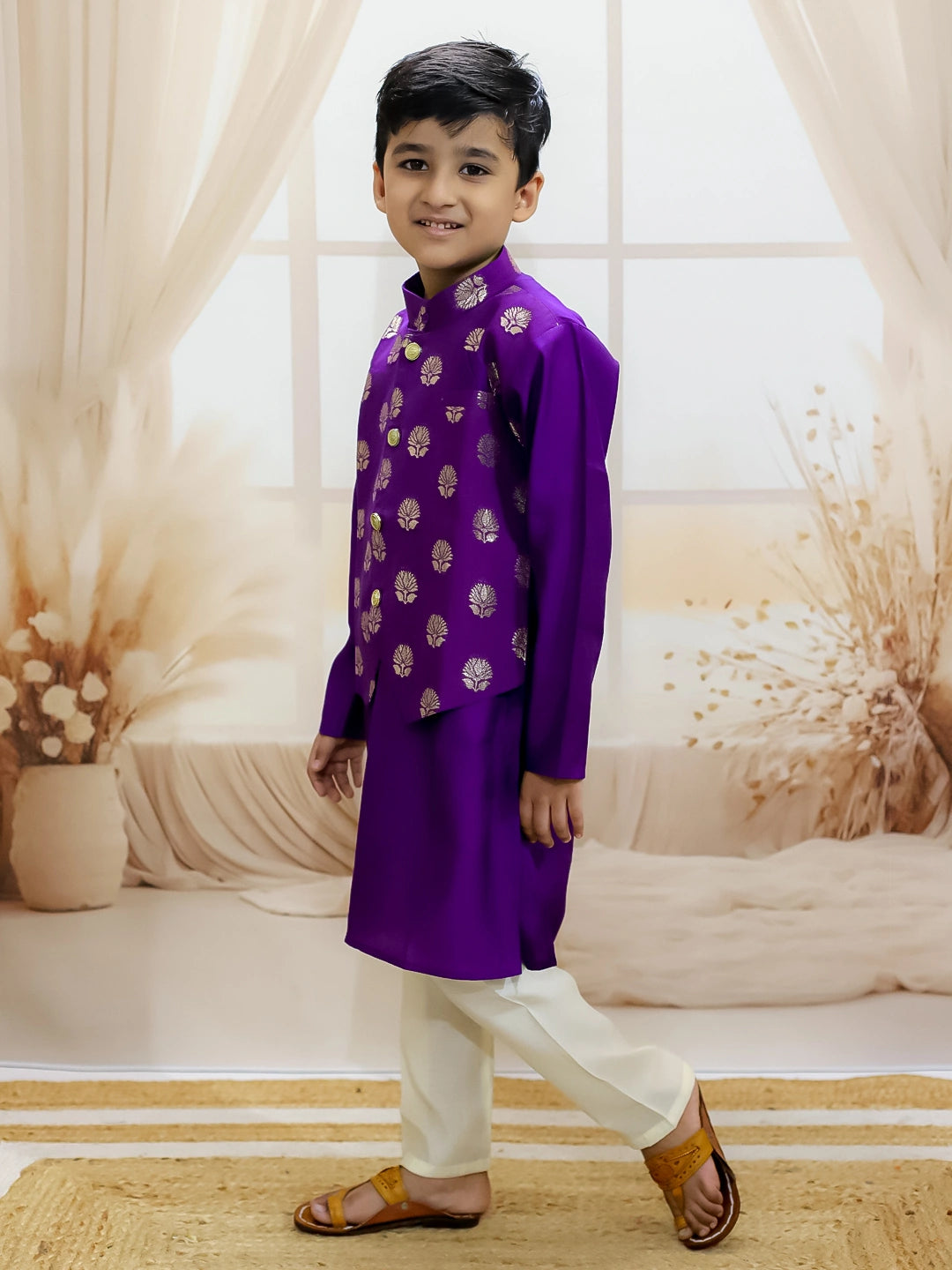 BownBee Chanderi Jacqurd Attached Jacket Kurta Pajama for Boys with Lehenga Choli Dupatta Set for Girls
