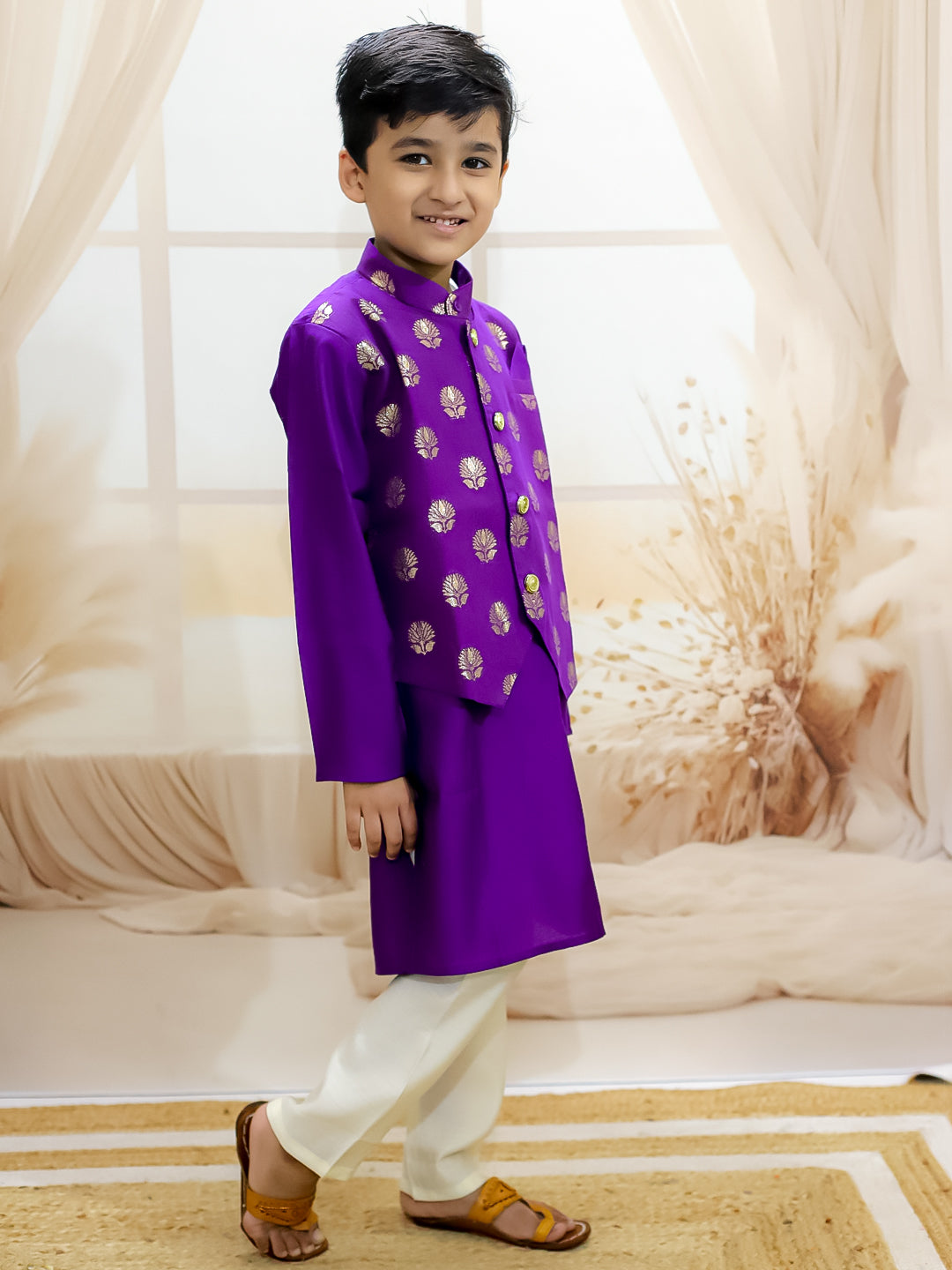 BownBee Chanderi Jacqurd Attached Jacket Kurta Pajama for Boys with Lehenga Choli Dupatta Set for Girls - Purple