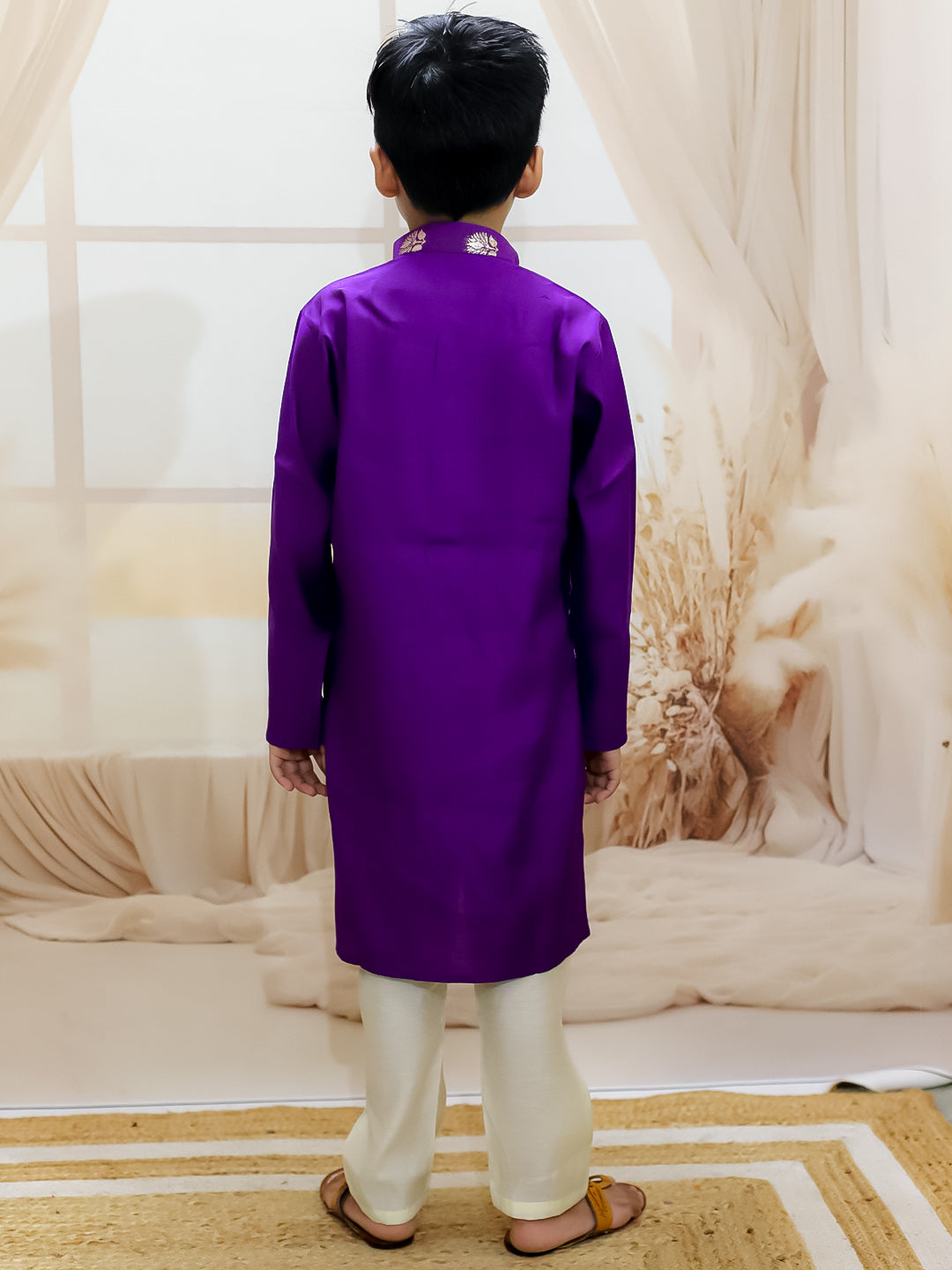 BownBee Chanderi Jacqurd Attached Jacket Kurta Pajama for Boys with Lehenga Choli Dupatta Set for Girls - Purple