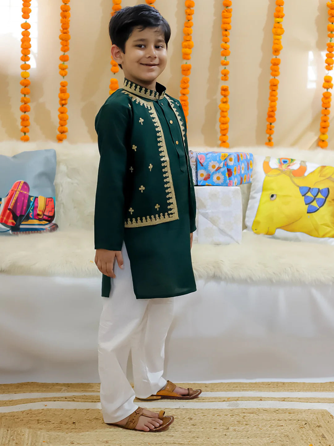 BownBee Sibling Set Embroidered Attached Jacket Kurta Pajama with Attached Jacket Kurti Dhoti