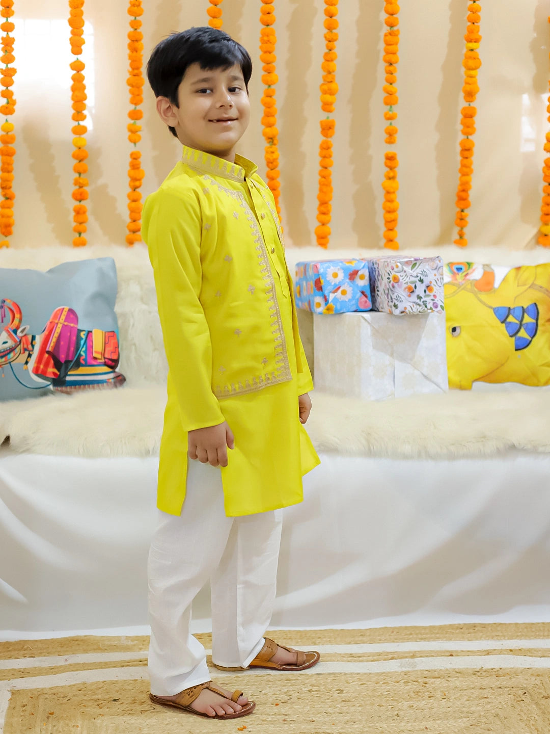 BownBee Pure Chanderi Embroidered Attached Jacket Kurta Pajama for Boys