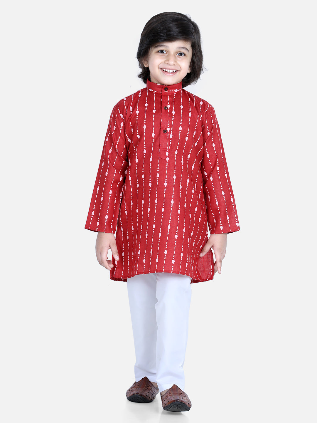 BownBee Printed Full Sleeve Cotton Kurta Pajama for Boys- Red