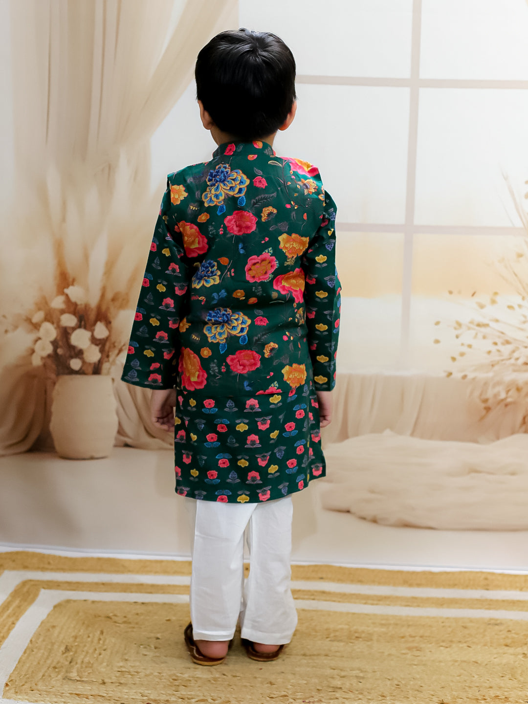 BownBee Pure Cotton Kurta Pajama with Jacket for Boys - Green