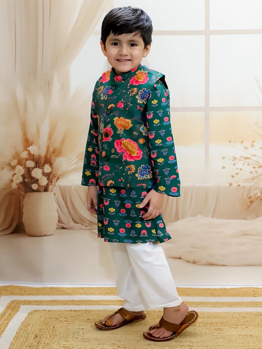 BownBee Pure Cotton Kurta Pajama with Jacket for Boys - Green