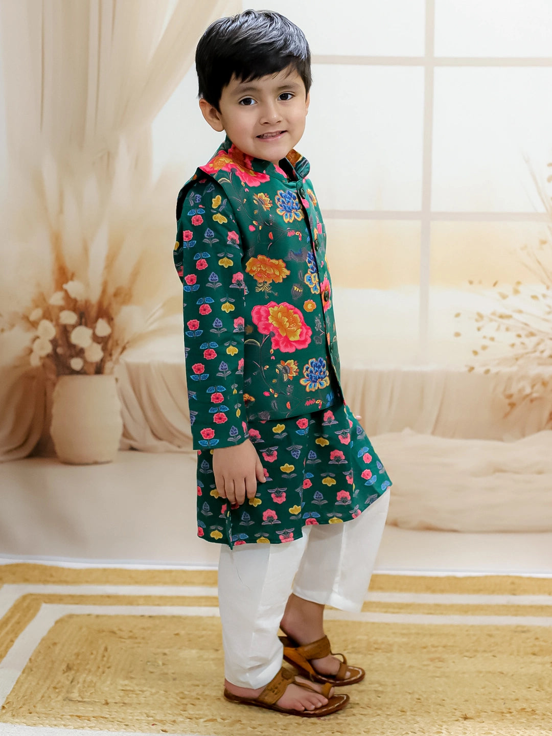 BownBee Pure Cotton Kurta Pajama with Jacket for Boys - Green