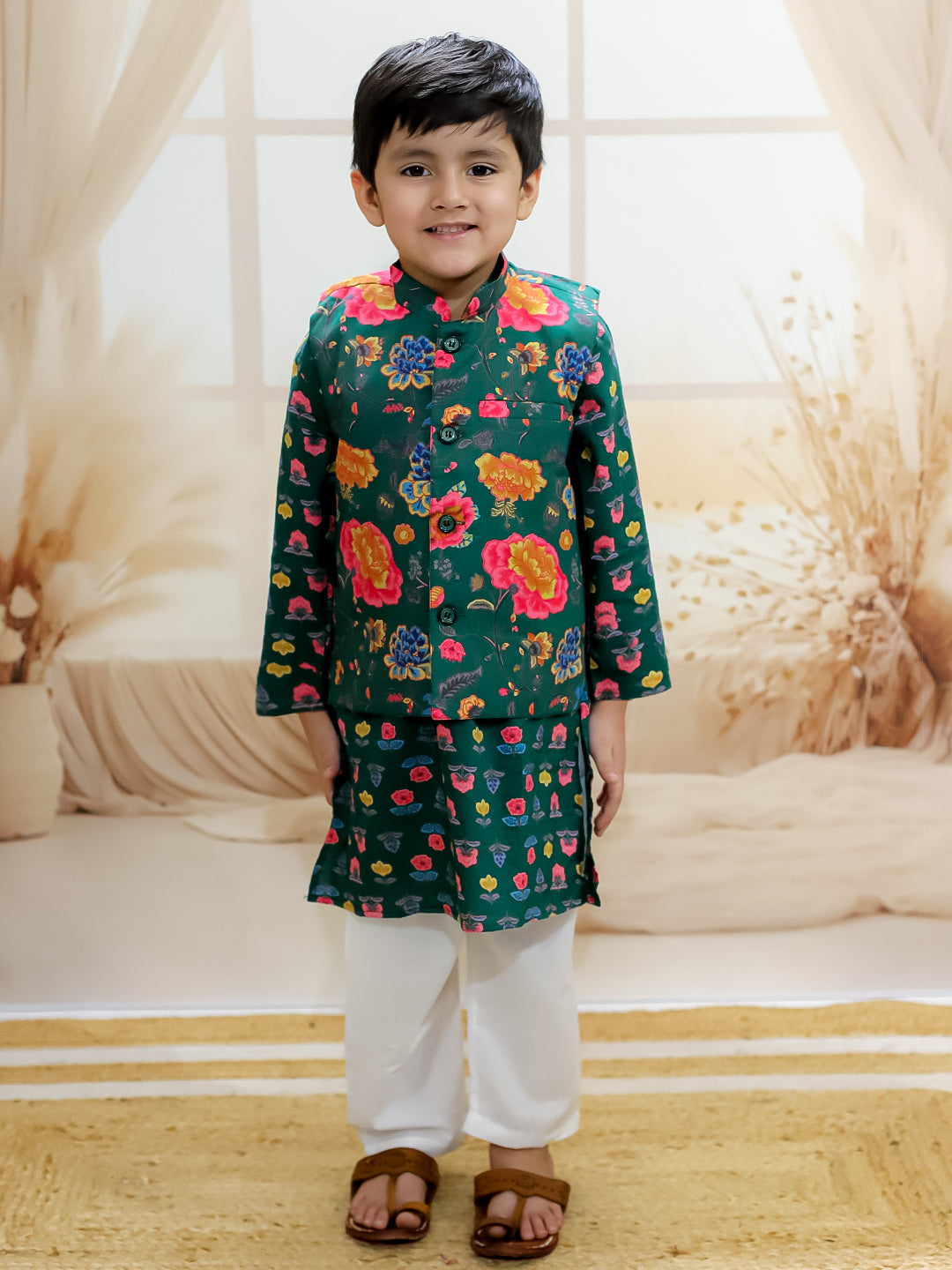 BownBee Pure Cotton Printed Kurta Pajama and Jacket Set for Boys with Pure Cotton Kurta Sharara Dupatta Set for Girls - Green