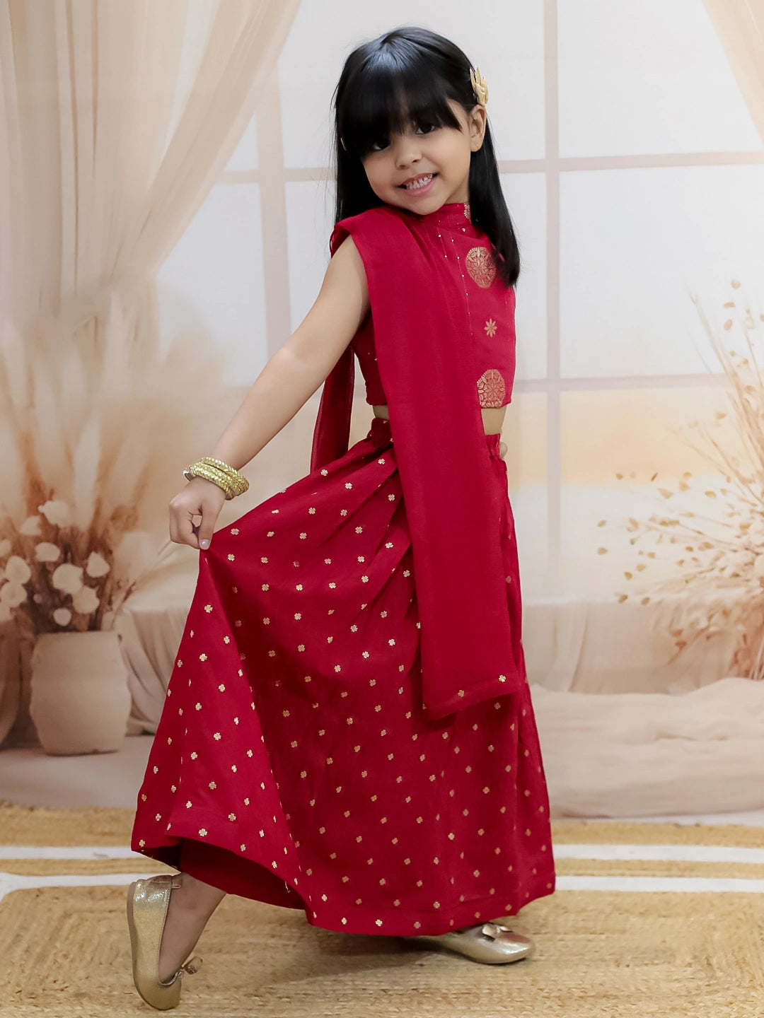 BownBee Pure Chanderi Halter Neck Top with Lehenga & Dupatta for Girls