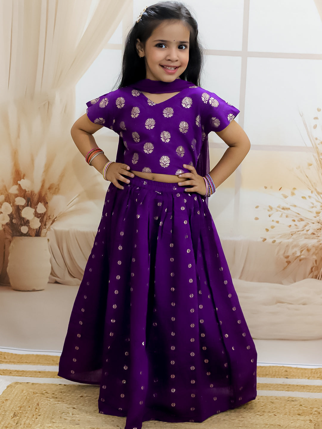 BownBee Chanderi Jacqurd Attached Jacket Kurta Pajama for Boys with Lehenga Choli Dupatta Set for Girls - Purple