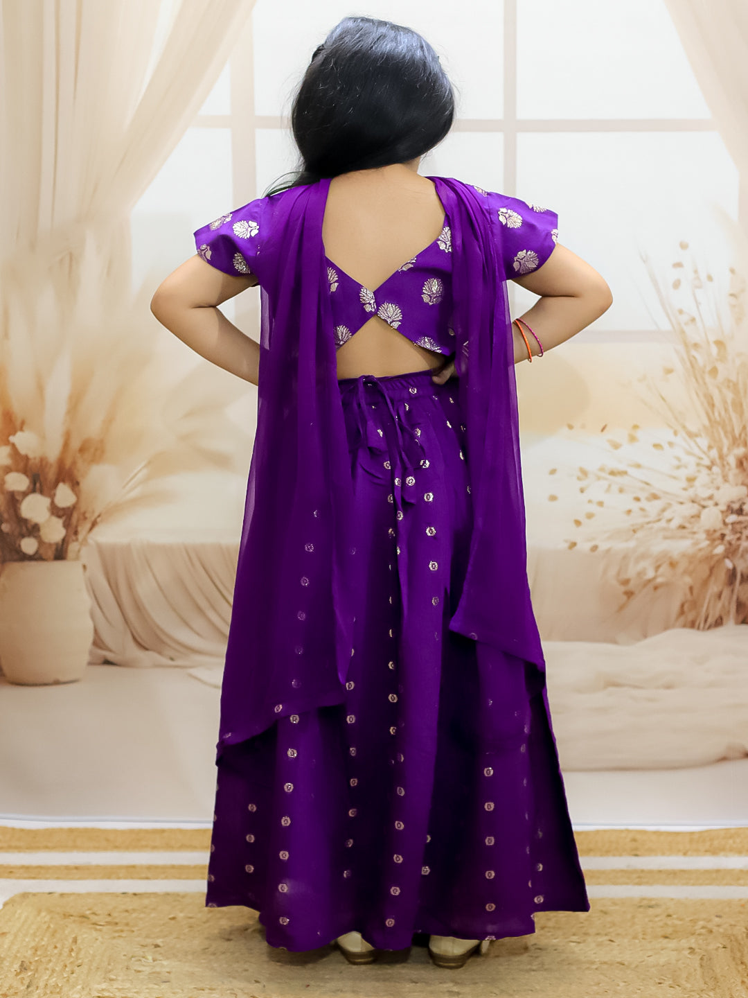 BownBee Chanderi Jacqurd Attached Jacket Kurta Pajama for Boys with Lehenga Choli Dupatta Set for Girls - Purple