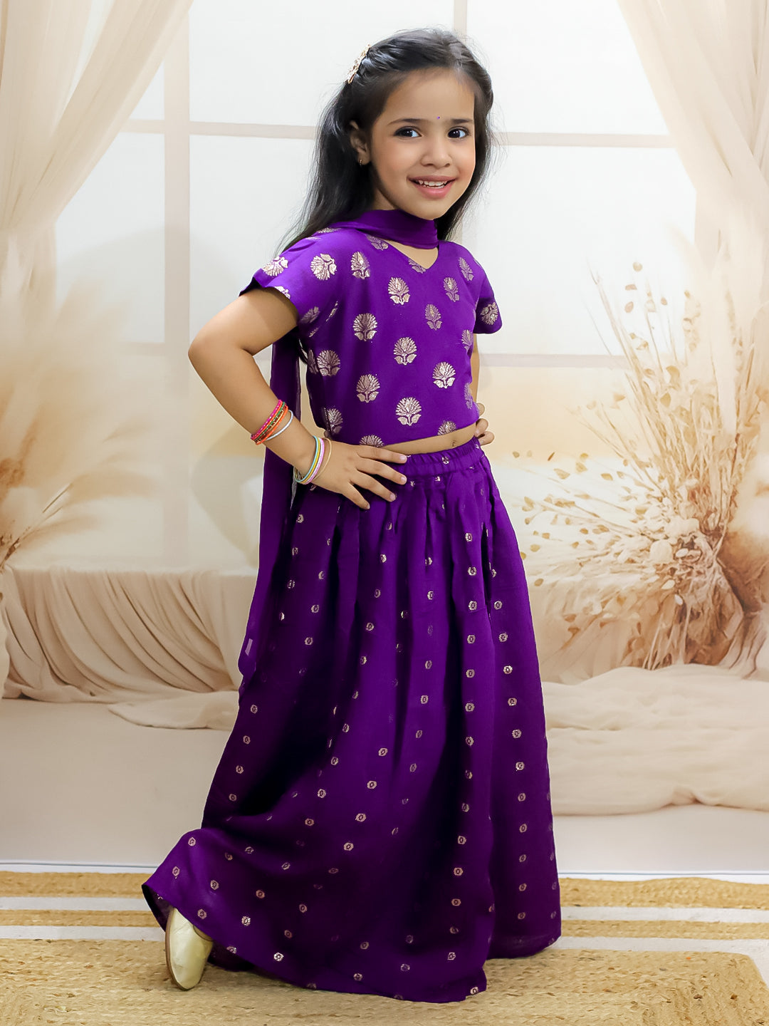 BownBee Chanderi Jacqurd Attached Jacket Kurta Pajama for Boys with Lehenga Choli Dupatta Set for Girls - Purple