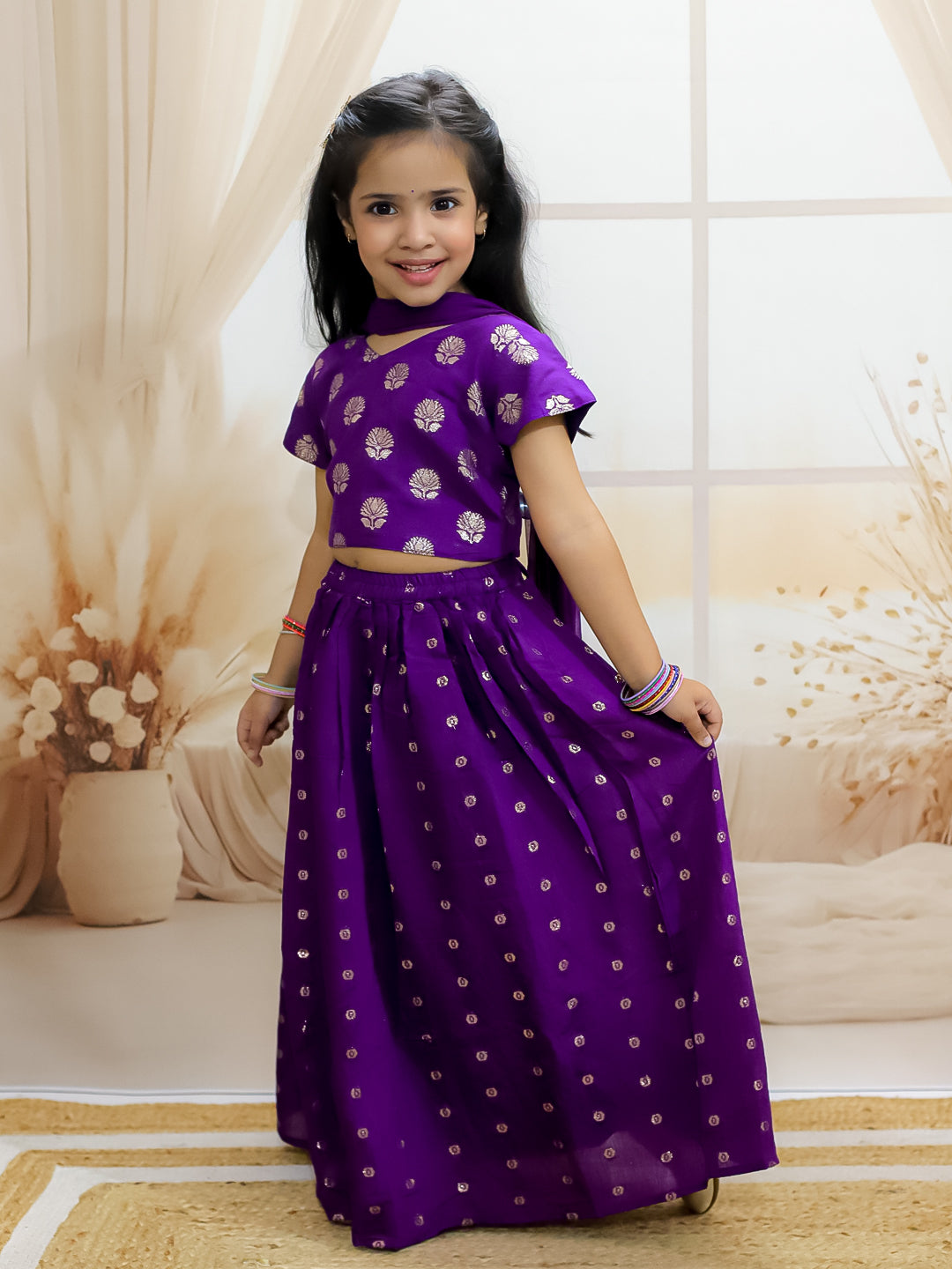 BownBee Chanderi Jacqurd Attached Jacket Kurta Pajama for Boys with Lehenga Choli Dupatta Set for Girls - Purple