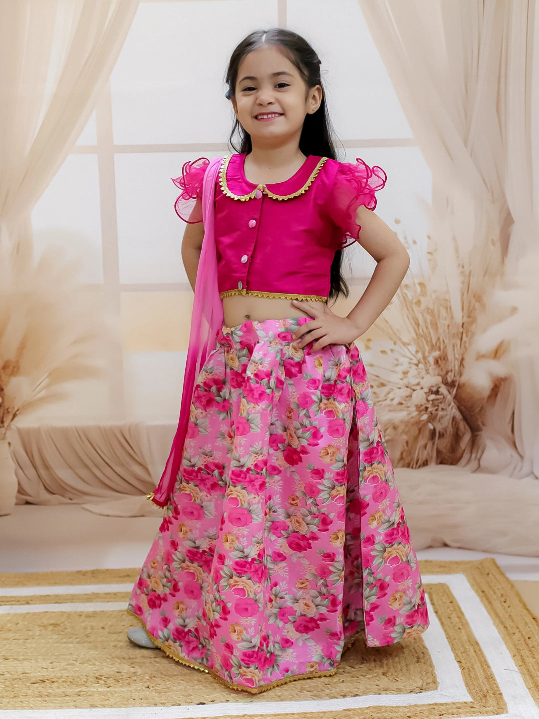BownBee Ruffle Sleeve Collar Choli With Floral Lehenga And Dupatta