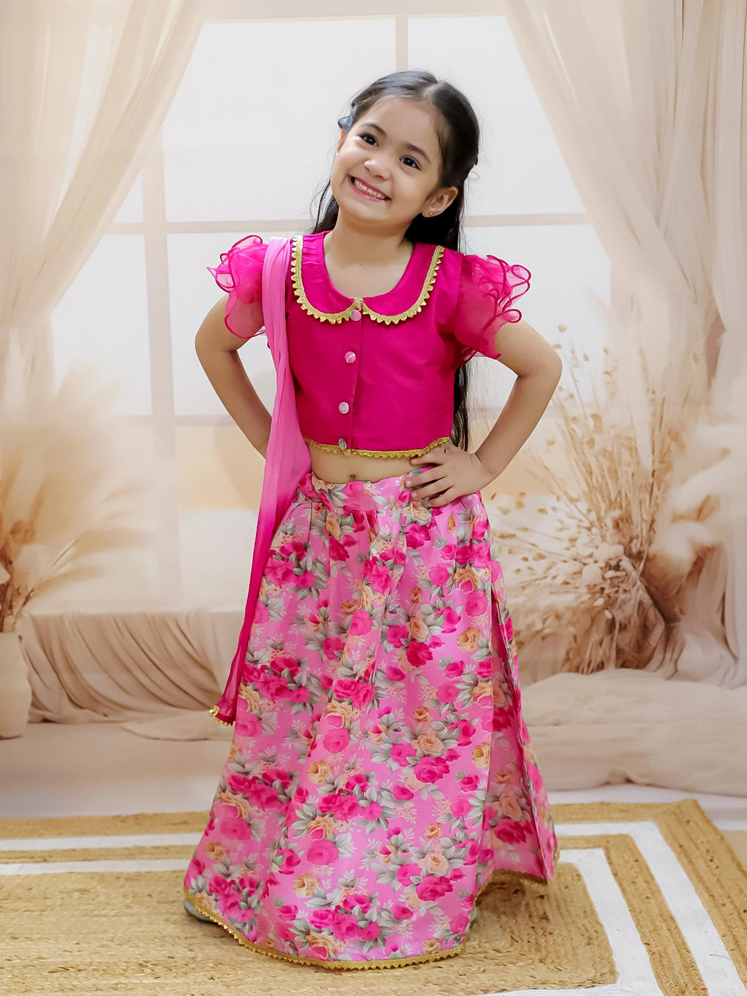 BownBee Ruffle Sleeve Collar Choli With Floral Lehenga And Dupatta