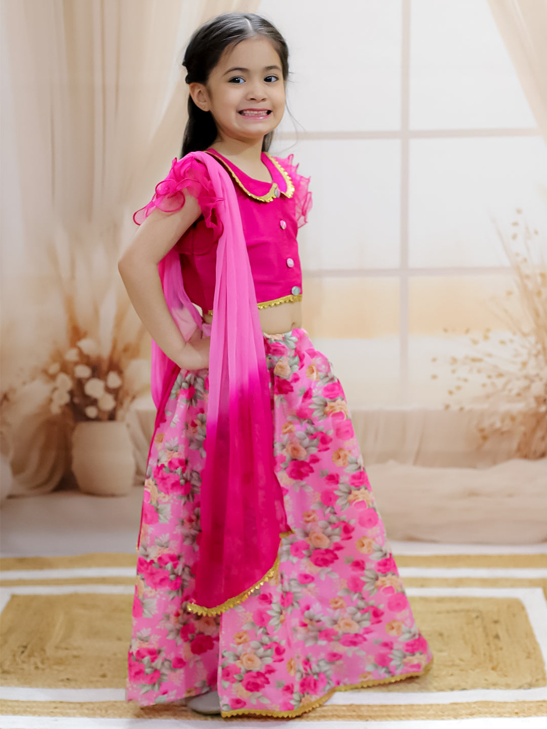 BownBee Ruffle Sleeve Collar Choli With Floral Lehenga And Dupatta - Pink