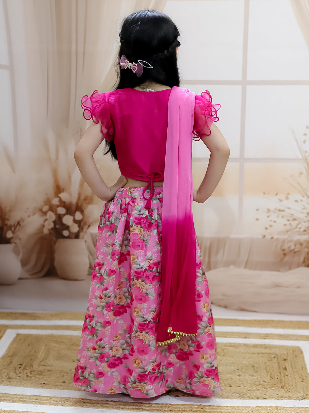 BownBee Ruffle Sleeve Collar Choli With Floral Lehenga And Dupatta - Pink