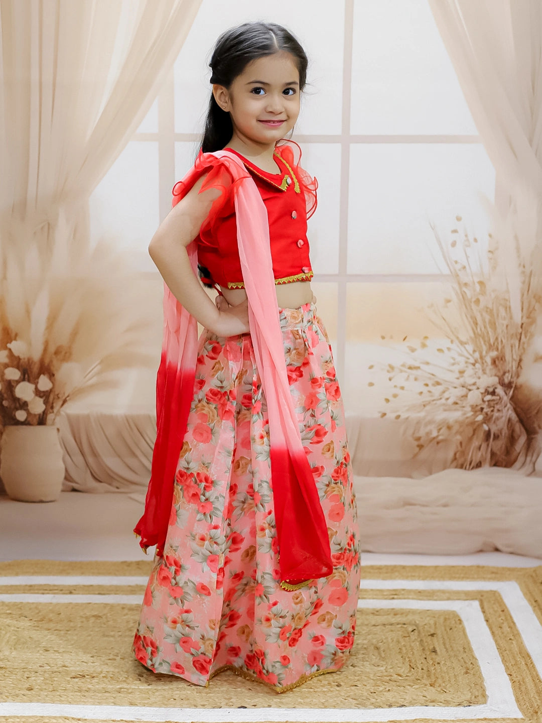BownBee Ruffle Sleeve Collar Choli With Floral Lehenga And Dupatta For Girls