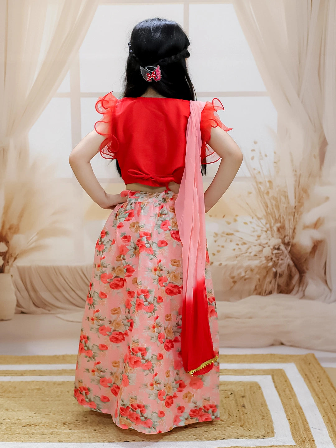 BownBee Ruffle Sleeve Collar Choli With Floral Lehenga And Dupatta For Girls