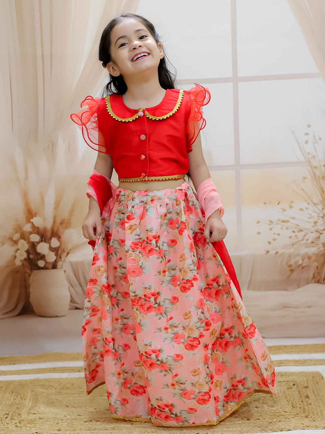 BownBee Ruffle Sleeve Collar Choli With Floral Lehenga And Dupatta For Girls