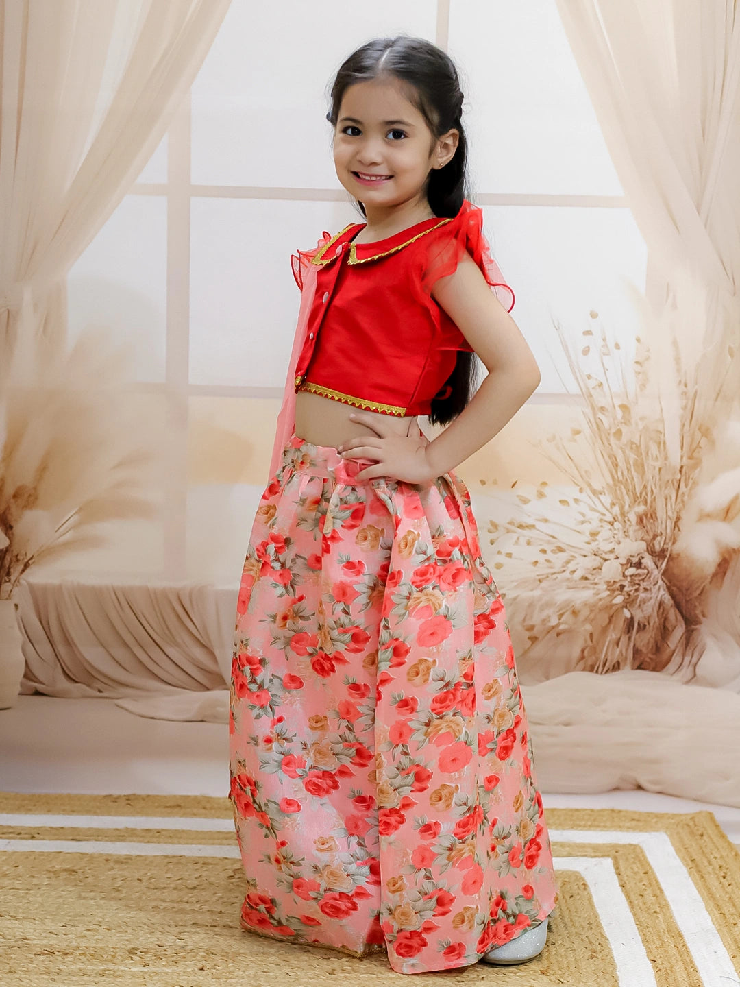 BownBee Ruffle Sleeve Collar Choli With Floral Lehenga And Dupatta For Girls