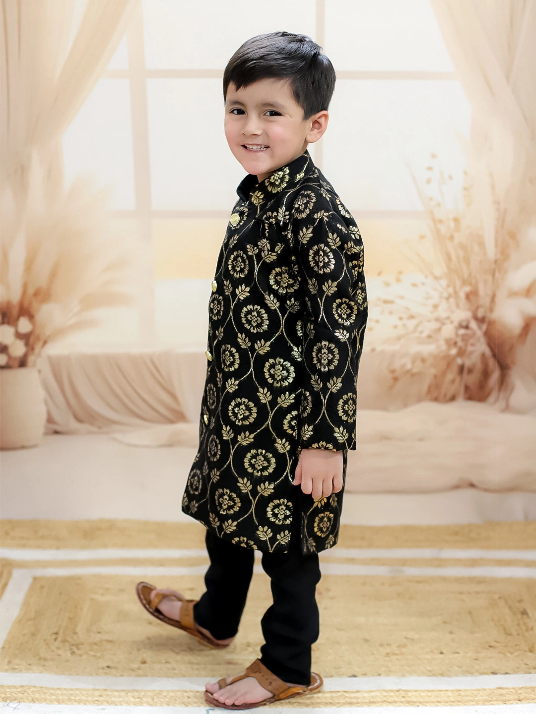 BownBee Pure Chanderi Full Sleeve Sherwani with Pajama for Boys