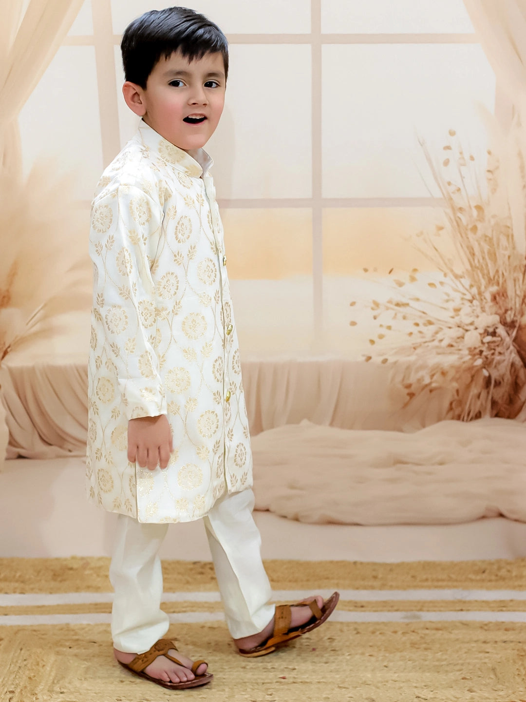 BownBee Pure Chanderi Full Sleeve Sherwani with Pajama for Boys
