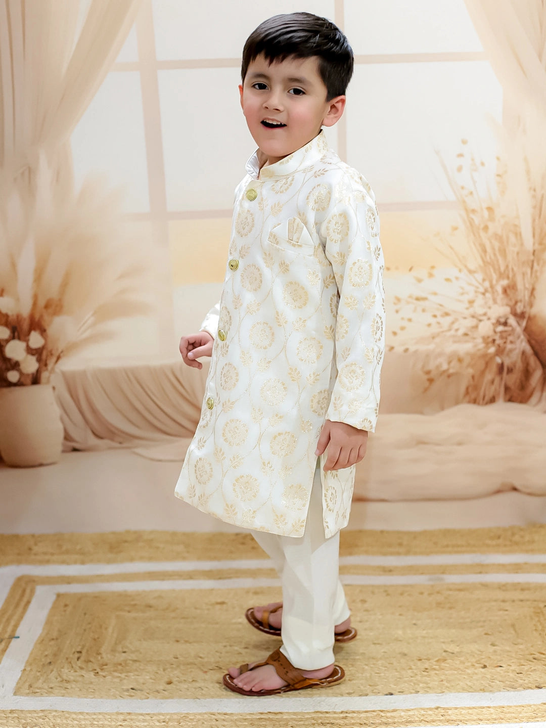 BownBee Pure Chanderi Full Sleeve Sherwani with Pajama for Boys
