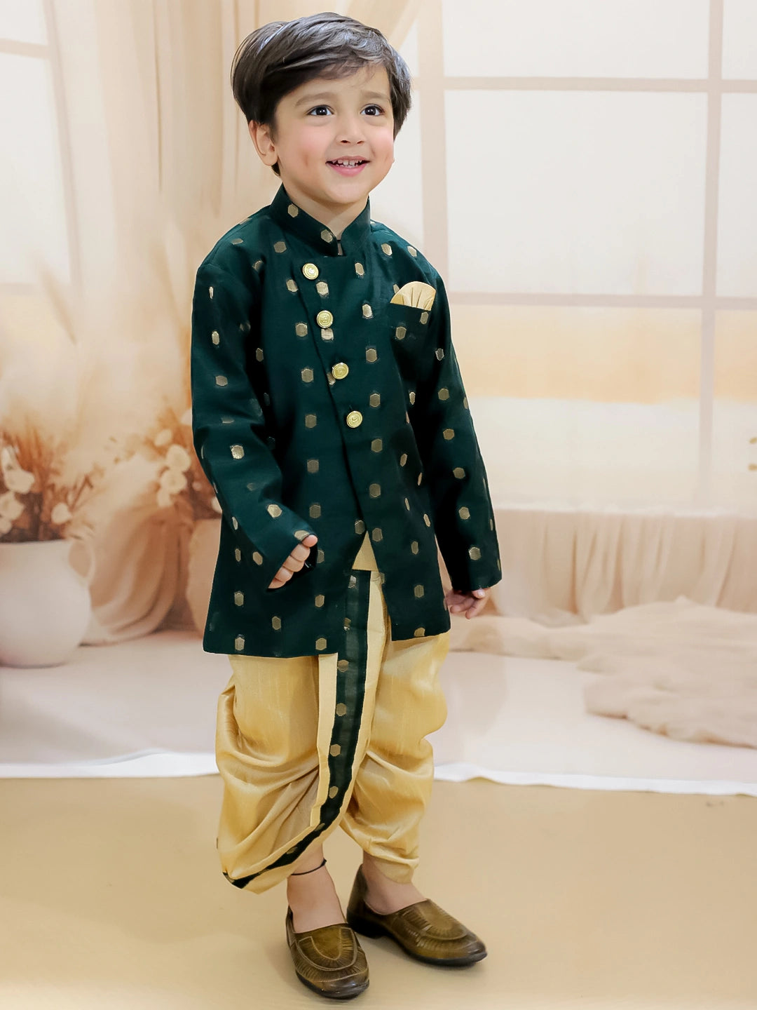 BownBee Pure Chanderi Full Sleeve Sherwani Dhoti for Boys