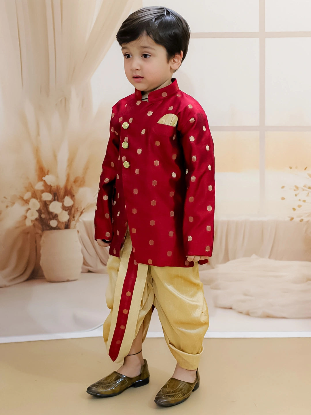 BownBee Pure Chanderi Full Sleeve Sherwani Dhoti for Boys