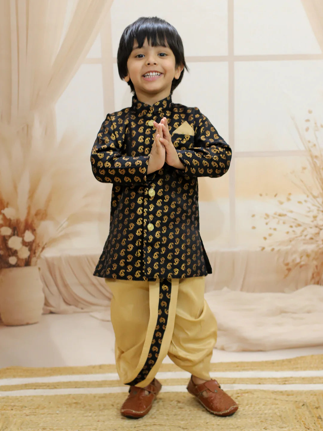BownBee Jacquard Full Sleeve Sherwani Dhoti for Boys