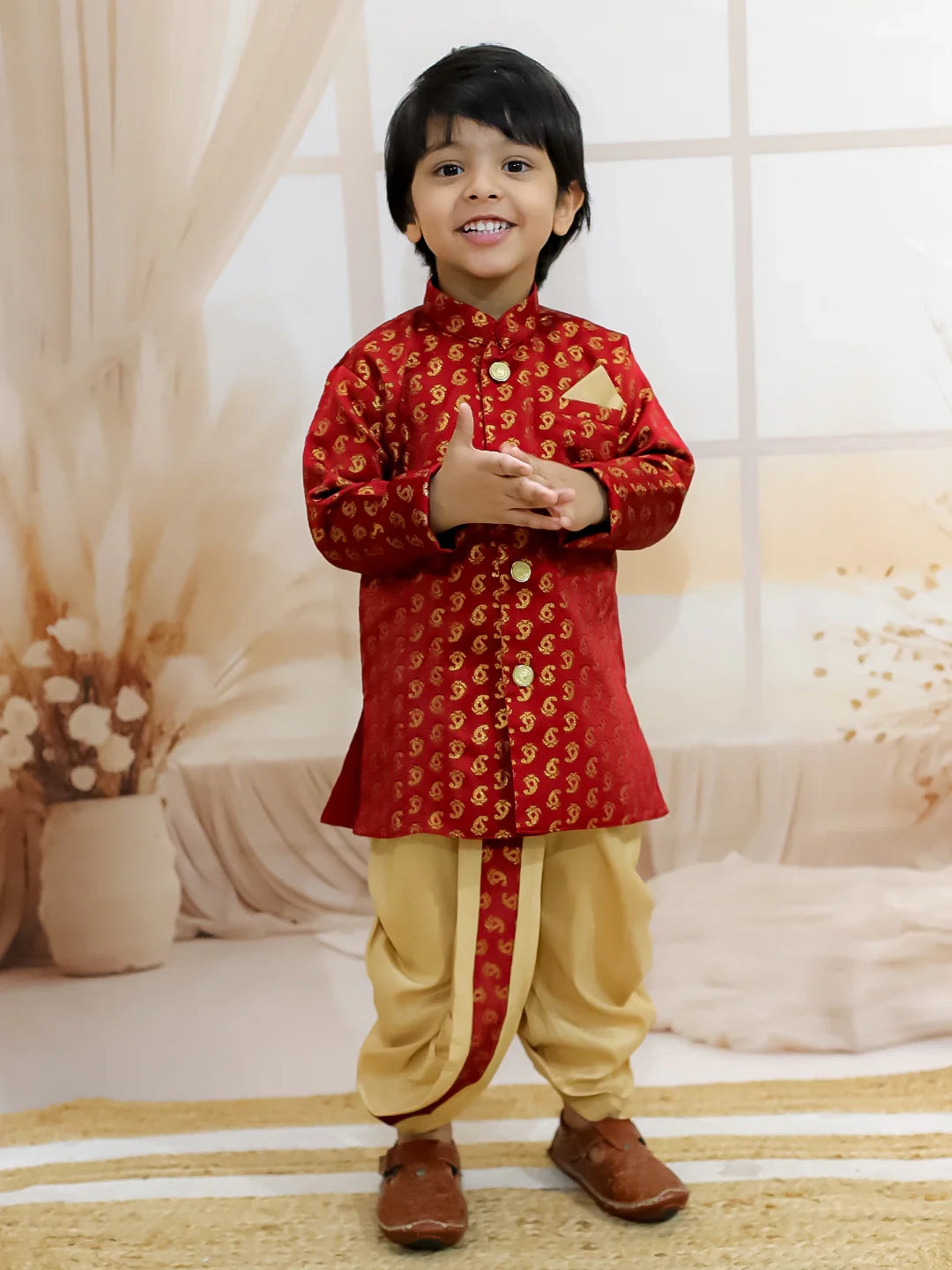 BownBee Jacquard Full Sleeve Sherwani Dhoti for Boys