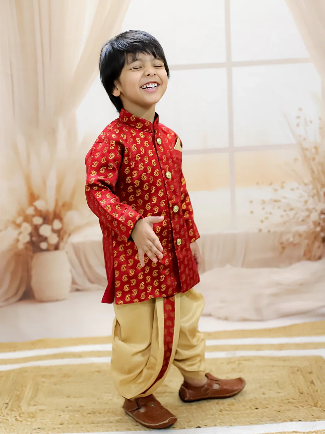 BownBee Jacquard Full Sleeve Sherwani Dhoti for Boys