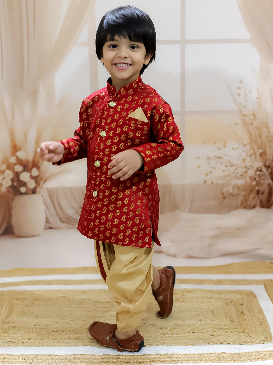 BownBee Jacquard Full Sleeve Sherwani Dhoti for Boys