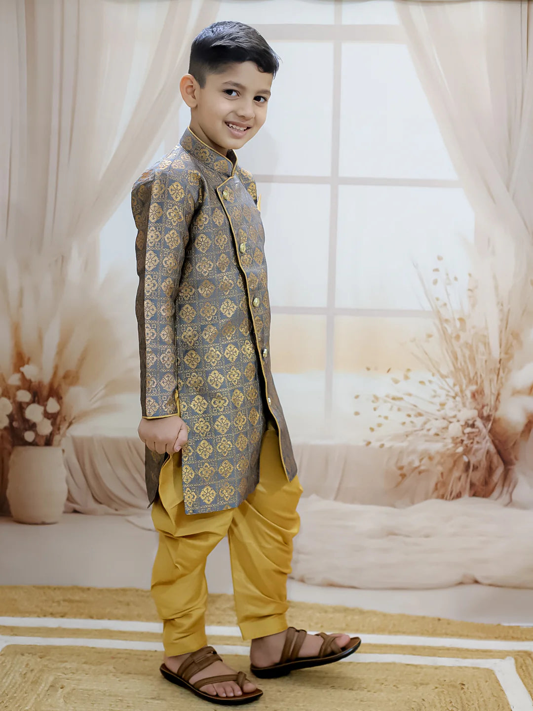 BownBee Jacquard Full Sleeve Sherwani with Salwar for Boys
