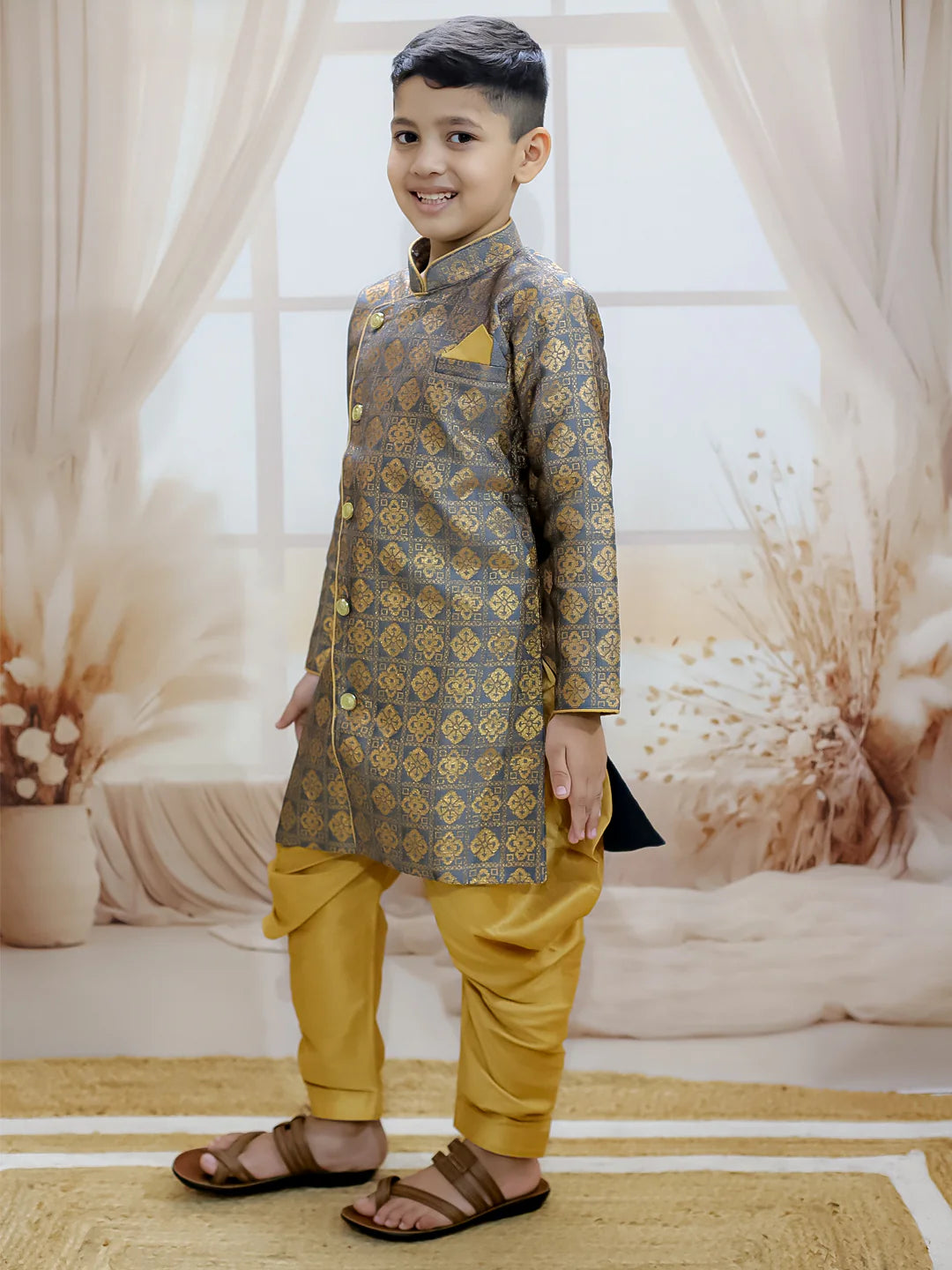 BownBee Jacquard Full Sleeve Sherwani with Salwar for Boys