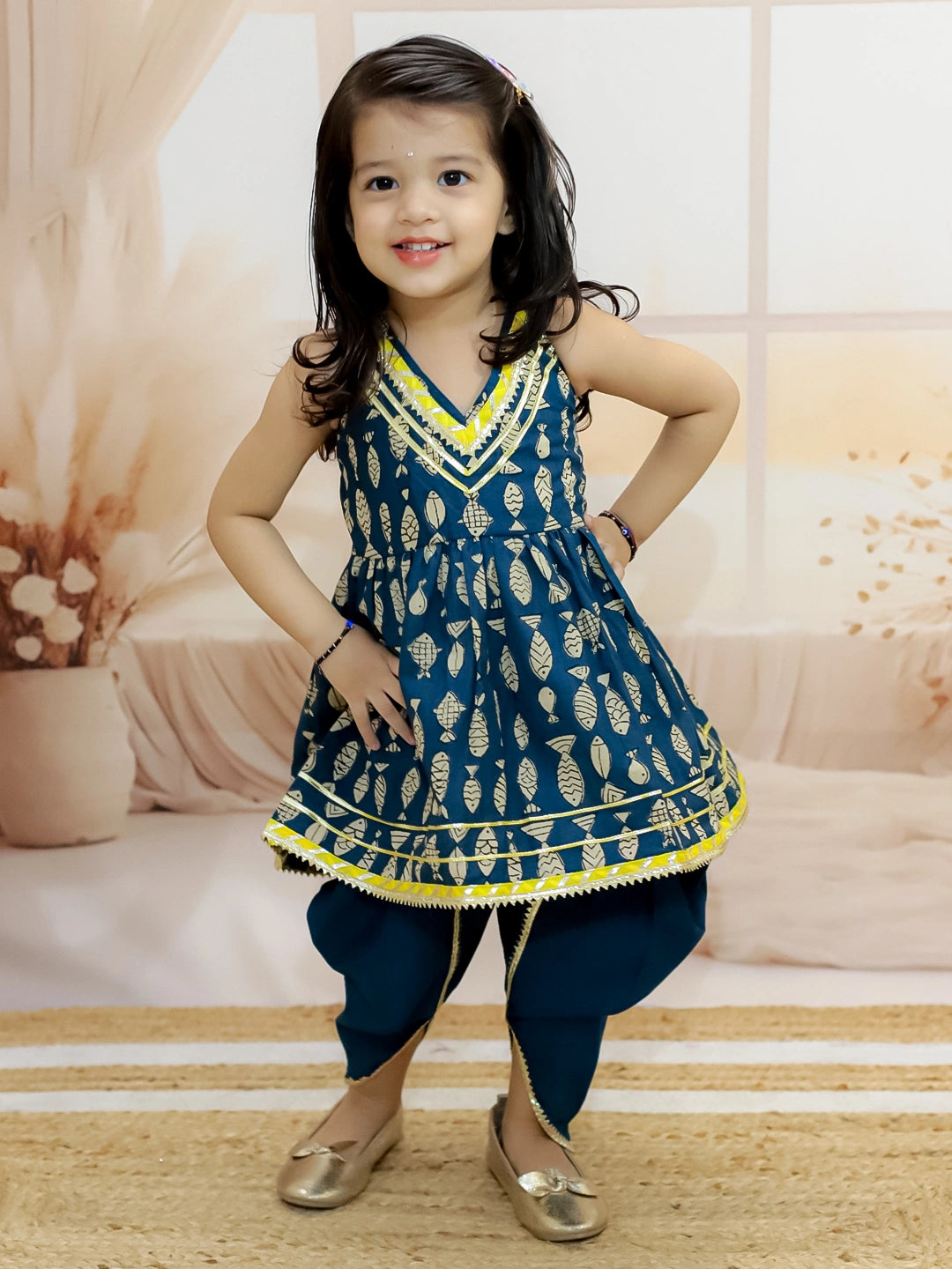 BownBee Halter Girls Neck Pure Cotton Fish Print Kurti with Harem
