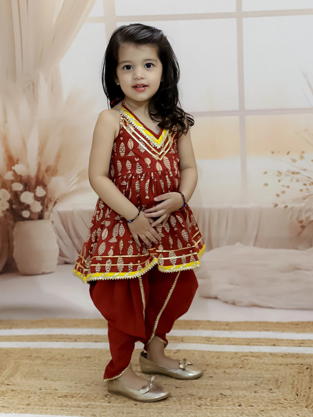 BownBee Girls Halter Neck Pure Cotton Fish Print Kurti with Harem